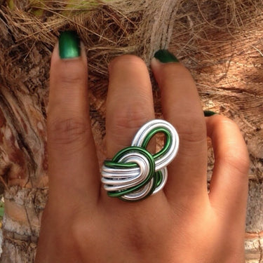 Silver and dark green color anodized aluminum wire wrap ring.