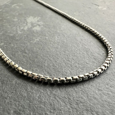 close up view of STERLING SILVER BOX CHAIN