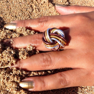 Brown, gold, and silver color anodized aluminum  wire wrap ring.