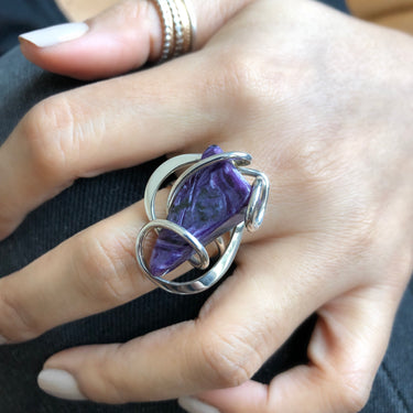 model wearing wire wrap ring CHAROITE WAVE RING