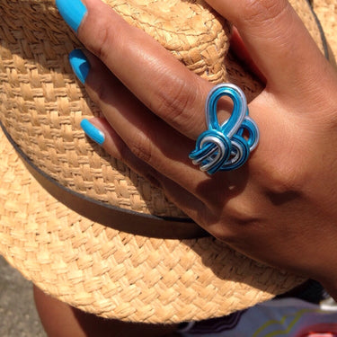 Light blue and turquoise color anodized aluminum wire wrap ring.